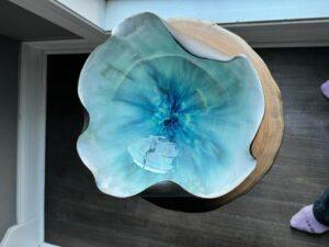 Blue Laguna bowl by Meg Varner Miller - Pearl White under Satin Patina