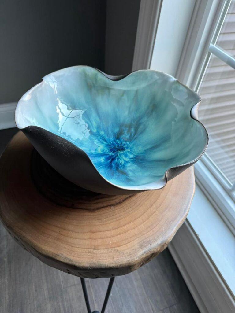 Blue Laguna bowl by Meg Varner Miller Pearl White under Satin Patina