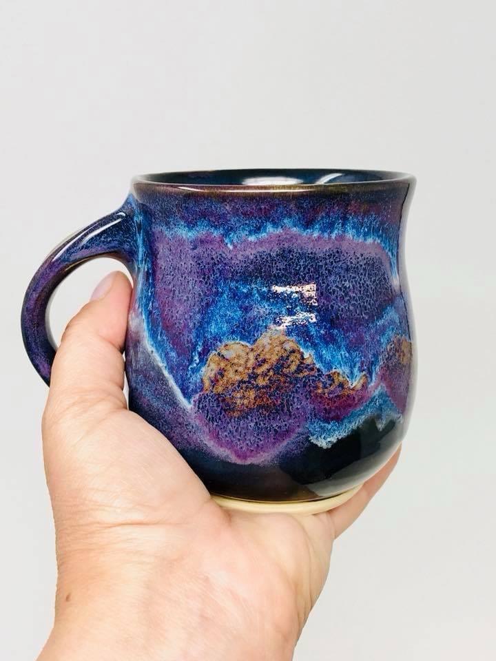 Northern Lights Glaze Mug on B-Mix clay featuring Blue Midnight, Smokey Merlot, Oatmeal and Amethyst underglaze fired to Cone 5