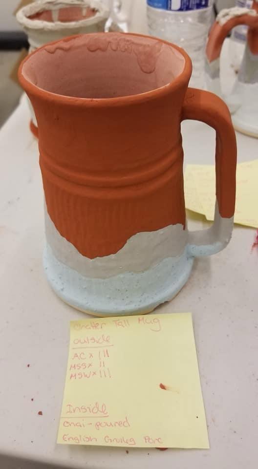 Ancient Copper with Sea Salt and Shipwreck glaze combination on a porcelain beer stein fired to Cone 6 by Laura Brown