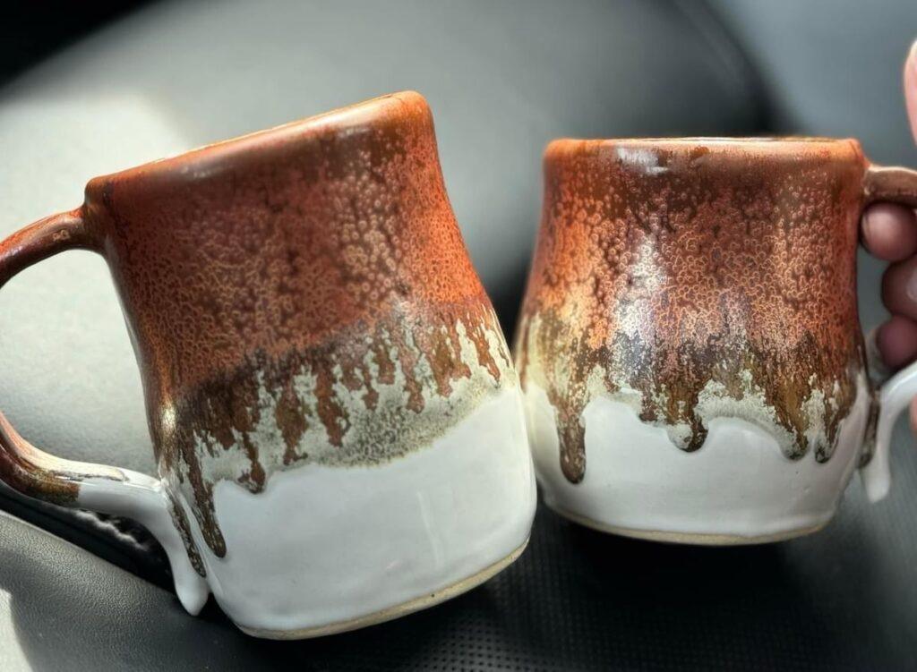 Ancient Copper, Oatmeal and Snow Mugs by Leesa Lee