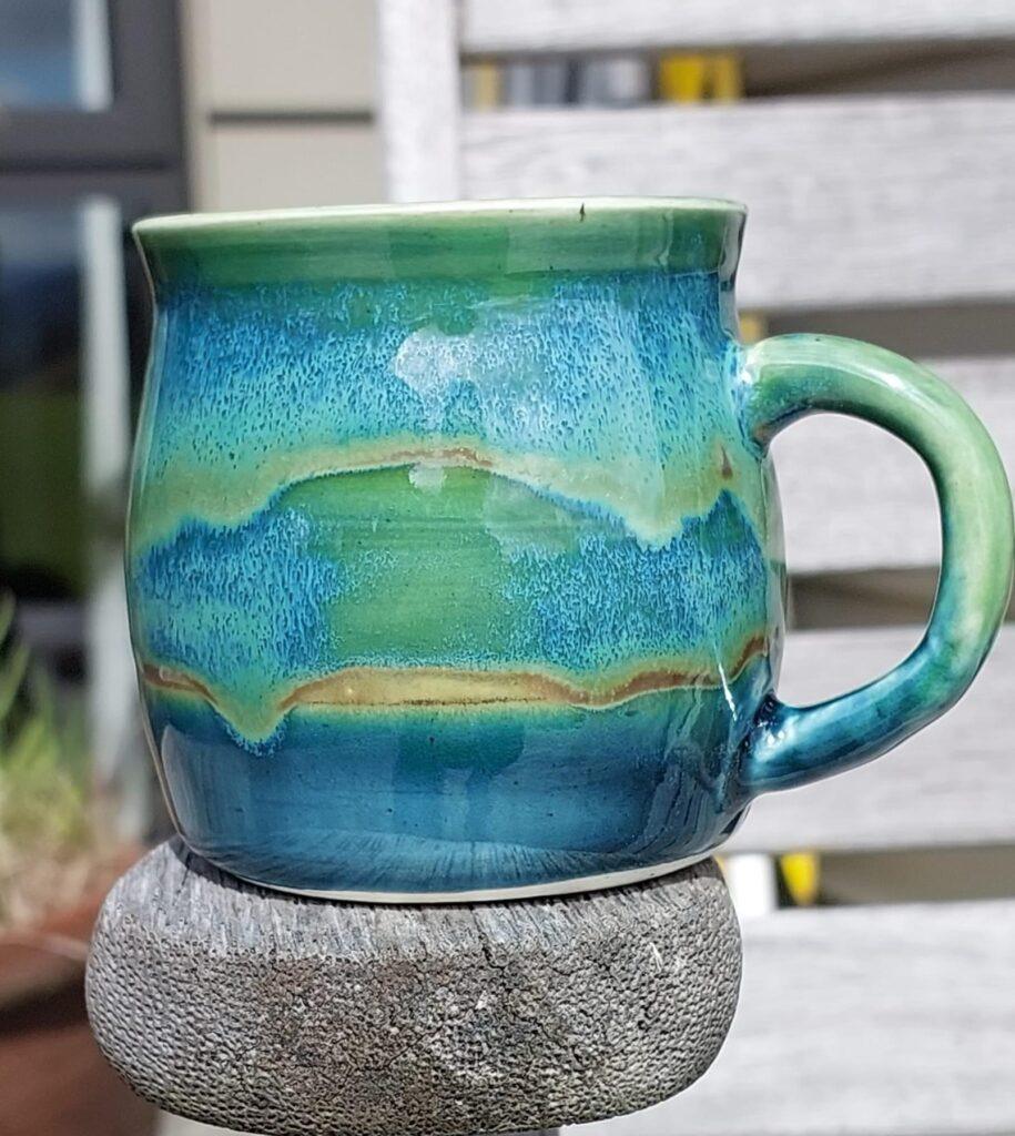 Blue-green striped Celadons Combo Mug by Kathryn Hishon