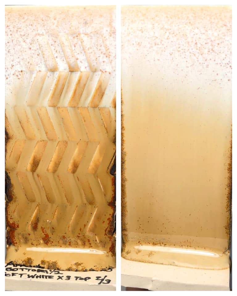 Bottom ⅔ - Ancient Copper x3. Top ⅔ - Spectrum Soft White x3. The white overlaps the ancient copper about ½”. The white slid all the way down the ancient copper. There are some crystals of ancient copper at the bottom but it created almost an ombré effect. Laguna Bmix clay fired to ∆6 using a slow cool schedule