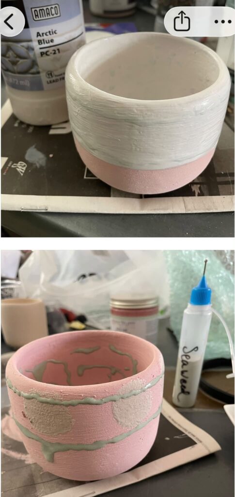 Seaweed and Arctic Blue over Bougainvillea glaze combination using the Frozen Pond technique by Mireille Hermans